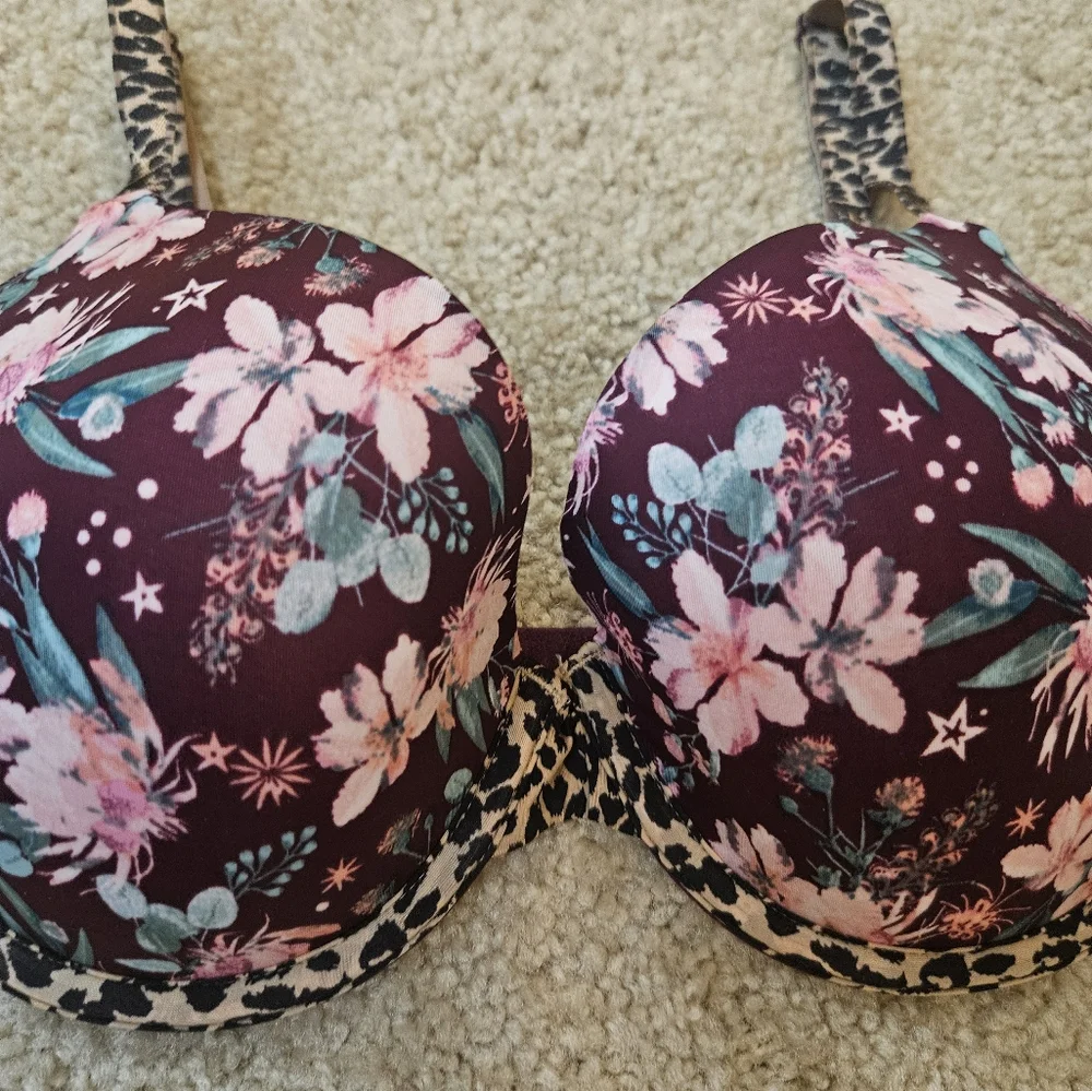 Victoria's Secret Lined Demi Bra Purple Floral Leopard Print Size 32DD